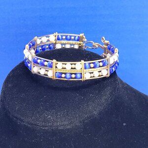 Vintage Gold Wire Yemaya Blue and White Beaded Bracelet